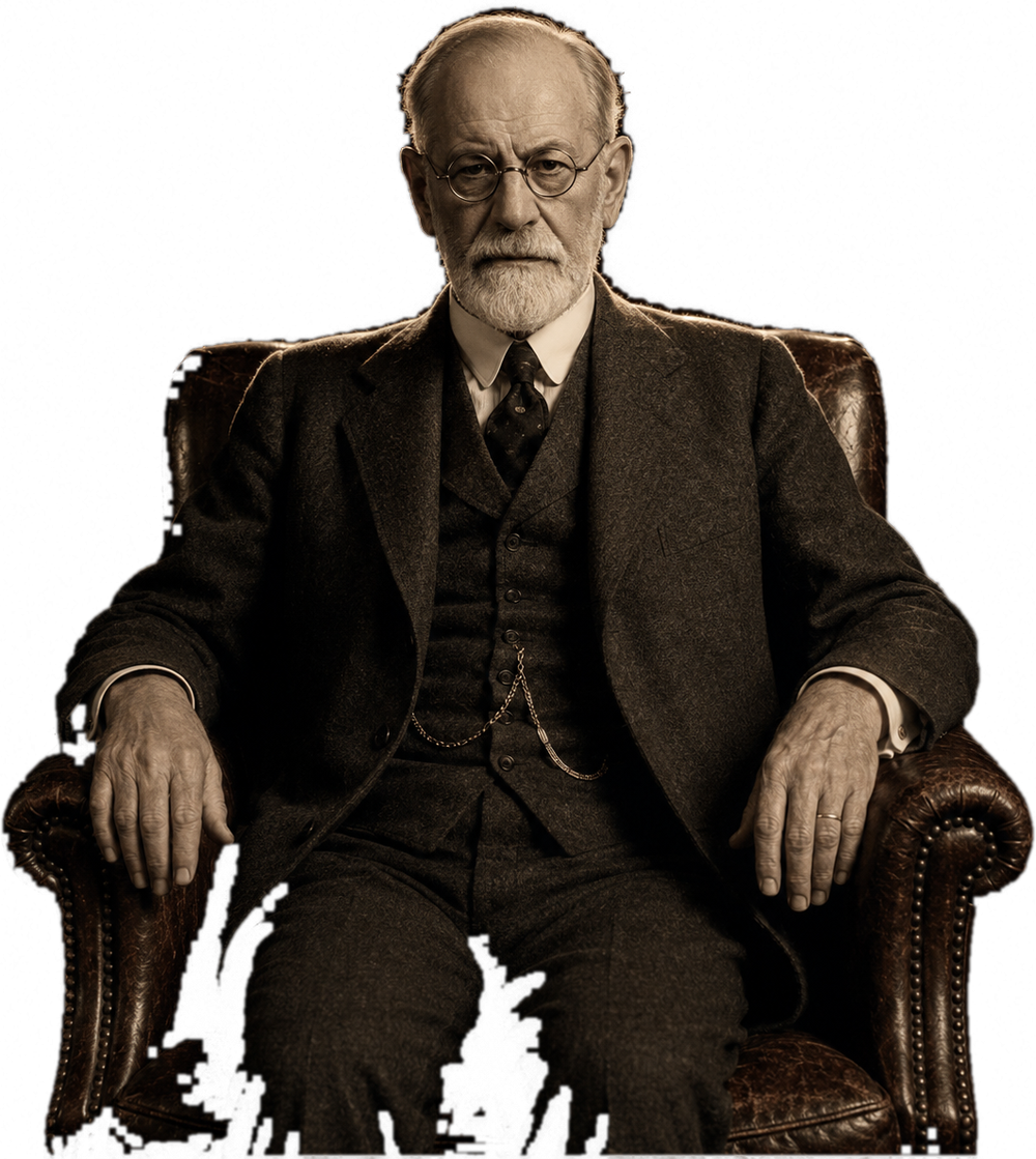 Retrato de Sigmund Freud sentado em uma poltrona, em contraluz, diante de um campo estelar.