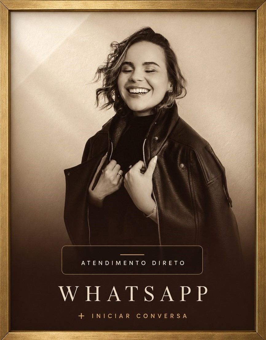 WhatsApp — atendimento direto, presencial e online. Retrato de Luana Mello em moldura dourada.